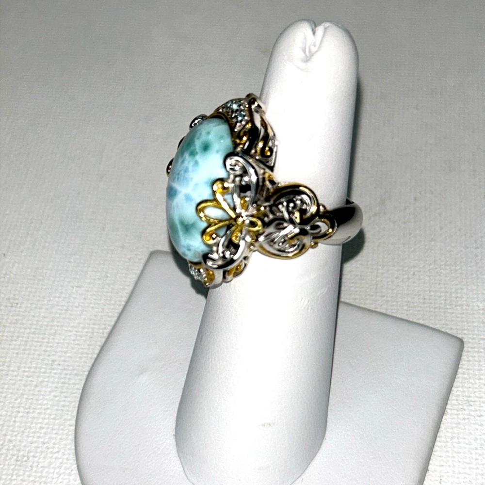 Gems en Vogue Sterling 18K Accent Genuine Larimar Blue Topaz Gemstone Ring Boho - Picture 5 of 12
